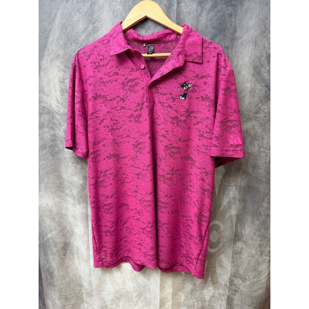 Adidas Golf Mickey Mouse Polo Shirt Mens XL Pink Camo Jacquard Disney Performanc